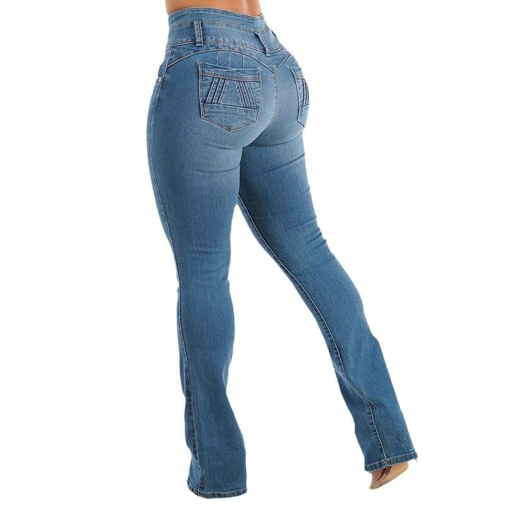 High-waisted women's jeans with elastic belt and decorative button closure Chic & Stil