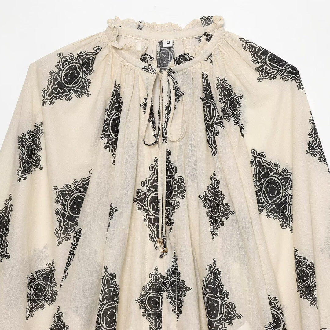 Women's Lightweight Chiffon Tunic with Ruffled Collar, Tie Band and Balloon Sleeves Amarae