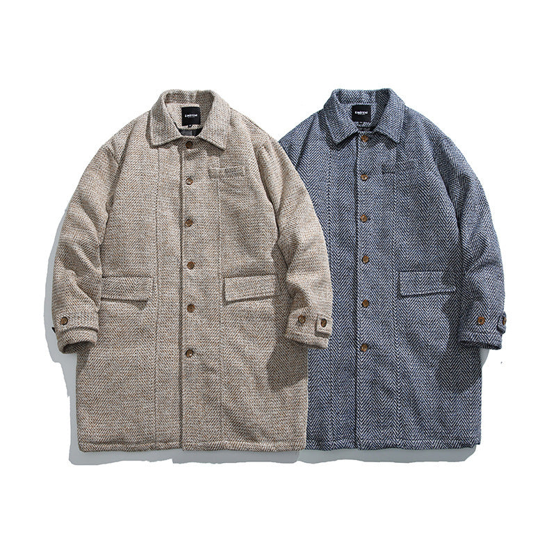 Unisex Kastiger Oversize Wool Blend Coat with Herringbone Pattern, Shirt Collar and Button Placket Amarae