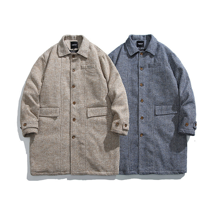 Unisex Kastiger Oversize Wool Blend Coat with Herringbone Pattern, Shirt Collar and Button Placket Amarae