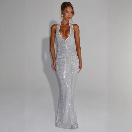Women's Shimmering Evening Dress with Deep V-Neck and Figure-Hugging Cut