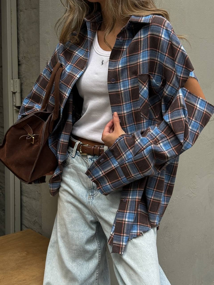 Women checked oversized shirt jacket with cut-out sleeves and raw hem Amarae
