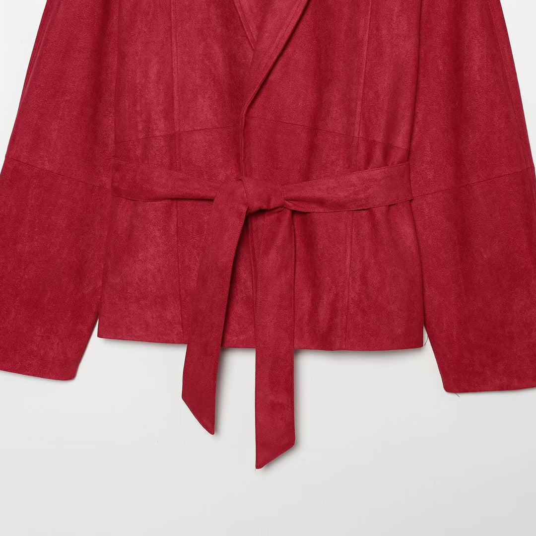 Women Cropped Jacket in Kimono Style made of Velvet Look with Shawl Collar and Tie Belt Amarae
