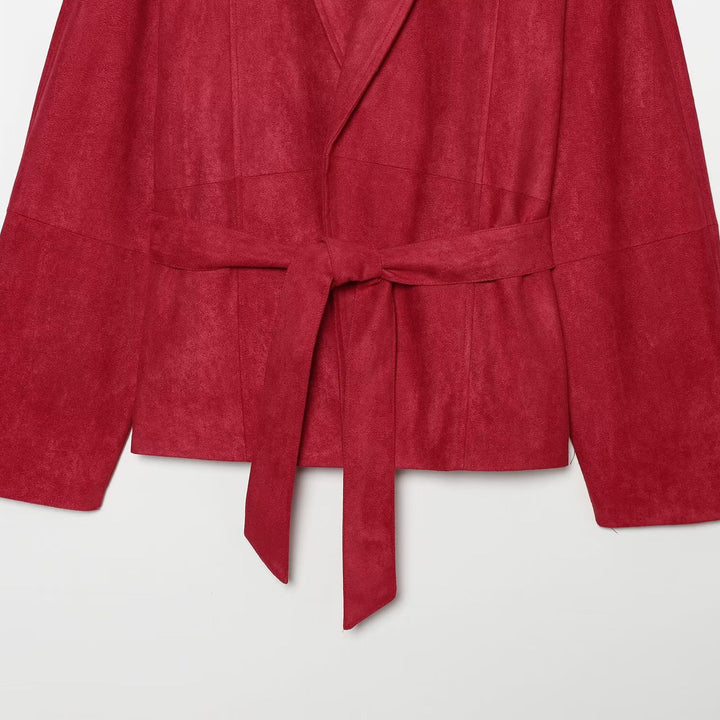 Women Cropped Jacket in Kimono Style made of Velvet Look with Shawl Collar and Tie Belt Amarae