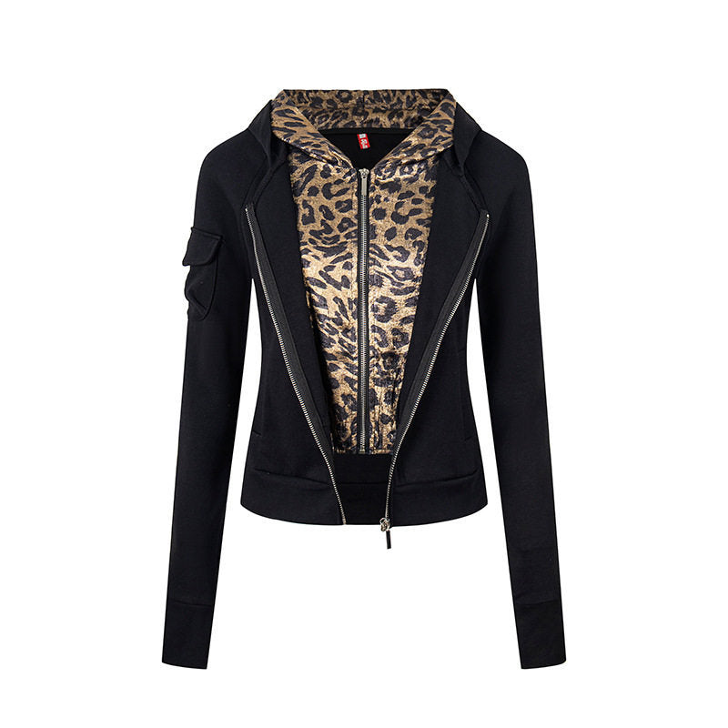 Women's Layered Look Zip Hoodie with Metallic Leopard Lining and Slim Silhouette Amarae
