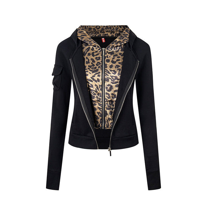 Women's Layered Look Zip Hoodie with Metallic Leopard Lining and Slim Silhouette Amarae