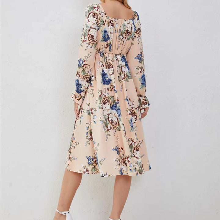 Maxi dress for women with floral accents and deep slit Lune London