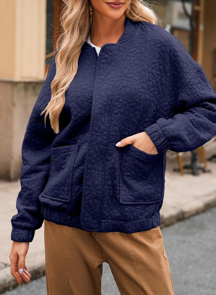 Quilted bomber jacket for women with floral design and practical pockets Lune London