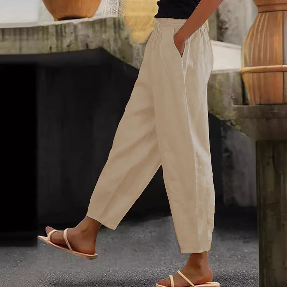 Women's Linen Blend Cropped Pants with Elastic Waistband, Drawstring and Side Pockets Amarae