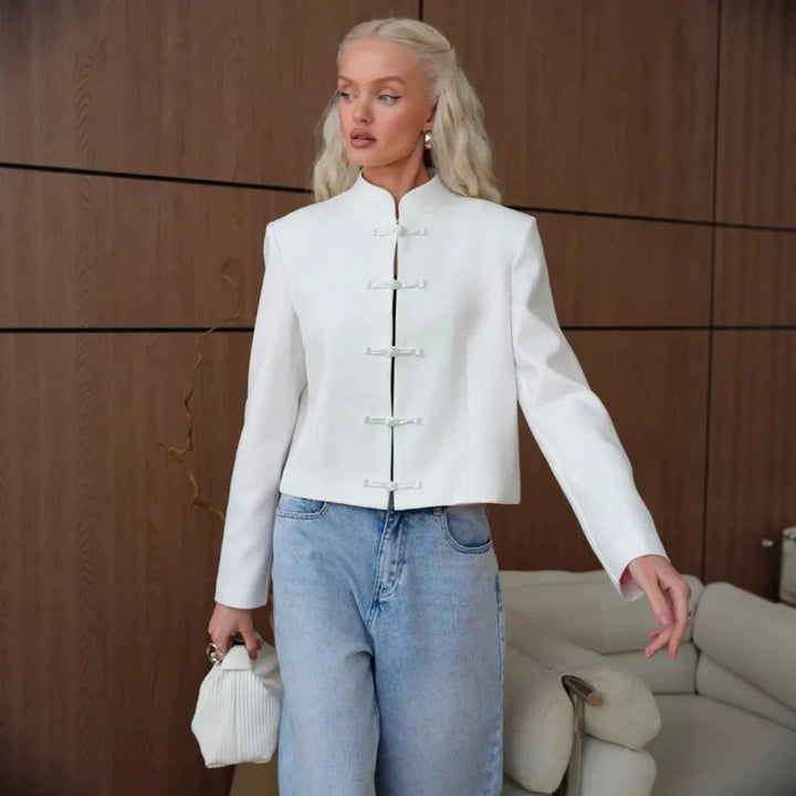 Women's Short Blazer with Mandarin Collar and Decorative Knot Closures Amarae