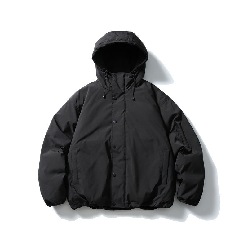 Unisex Boxy padded hoodie jacket with drawstring, snap button placket, and arm pocket Amarae