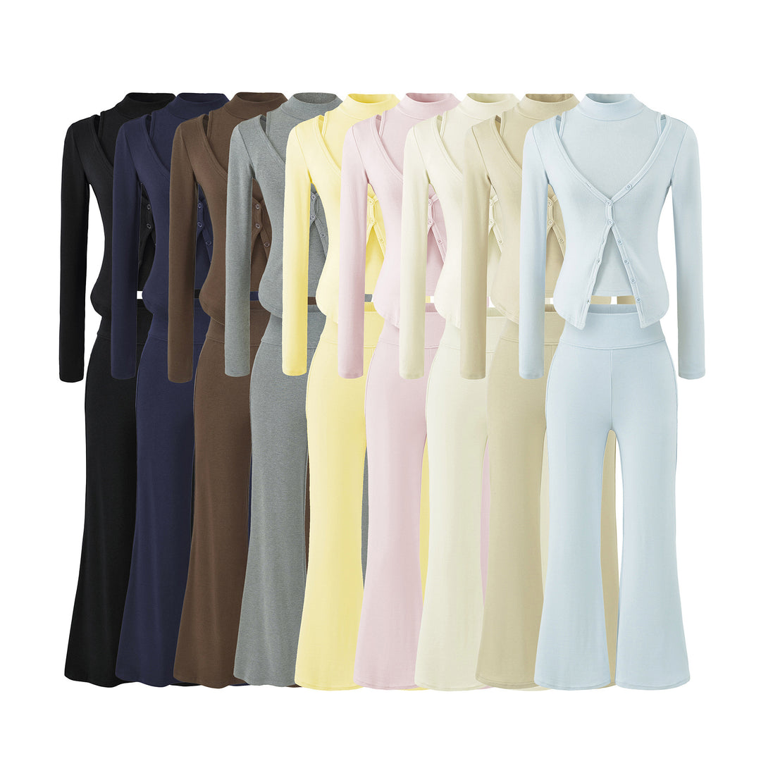 Women Figure-Hugging Layering Set with Turtleneck Long Sleeve and Asymmetrical Button Jacket and Flared High-Waist Pants Amarae