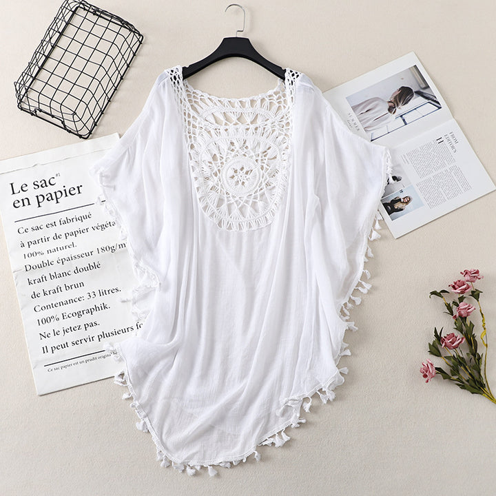 Ladies beach cover-up embellished with crochet Lune London