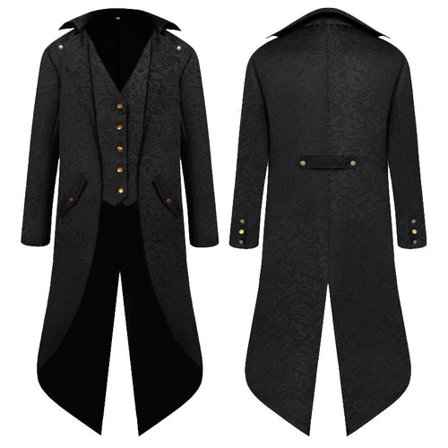 Victorian high collar coat for women with a detailed pattern and faux leather accents Amarae