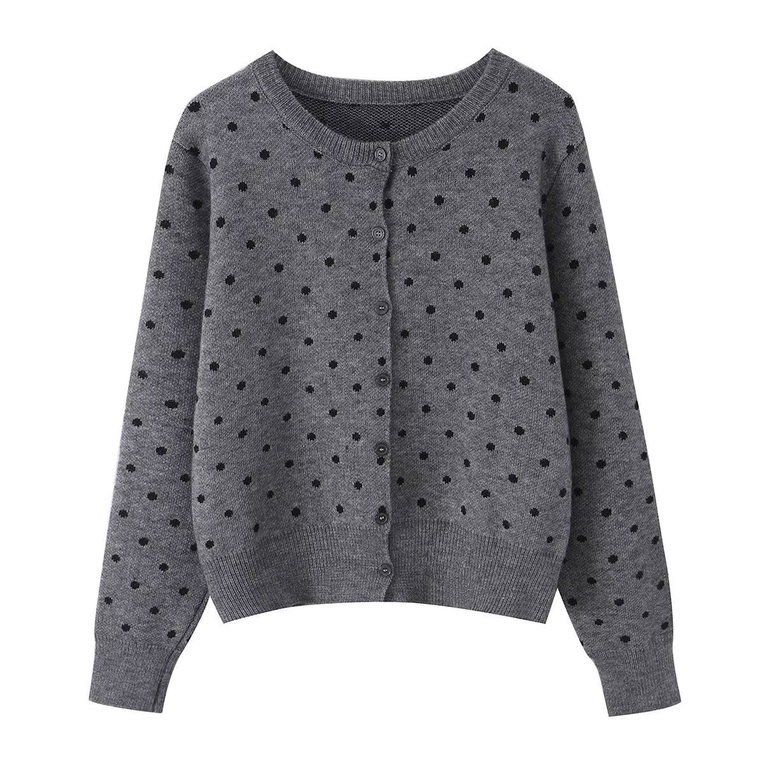 Women's Short Fine Knit Cardigan with Round Neck, Allover Polka Dot Pattern and Button Placket