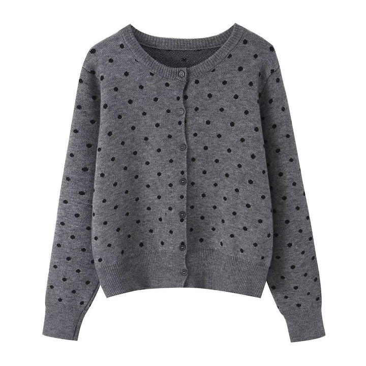 Women's Short Fine Knit Cardigan with Round Neck, Allover Polka Dot Pattern and Button Placket