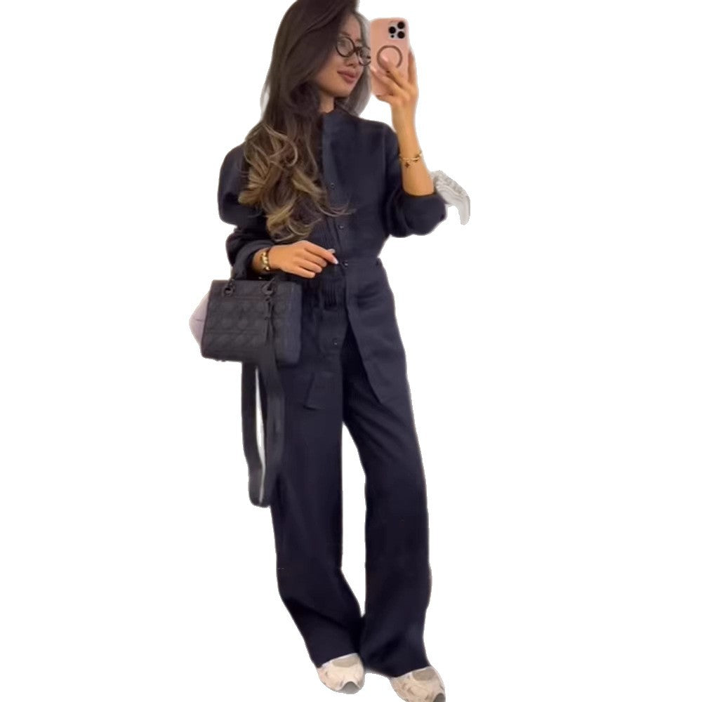 Women Long Shirt Blouse with Fine Pleats, Stand Collar and Tied Belt Amarae