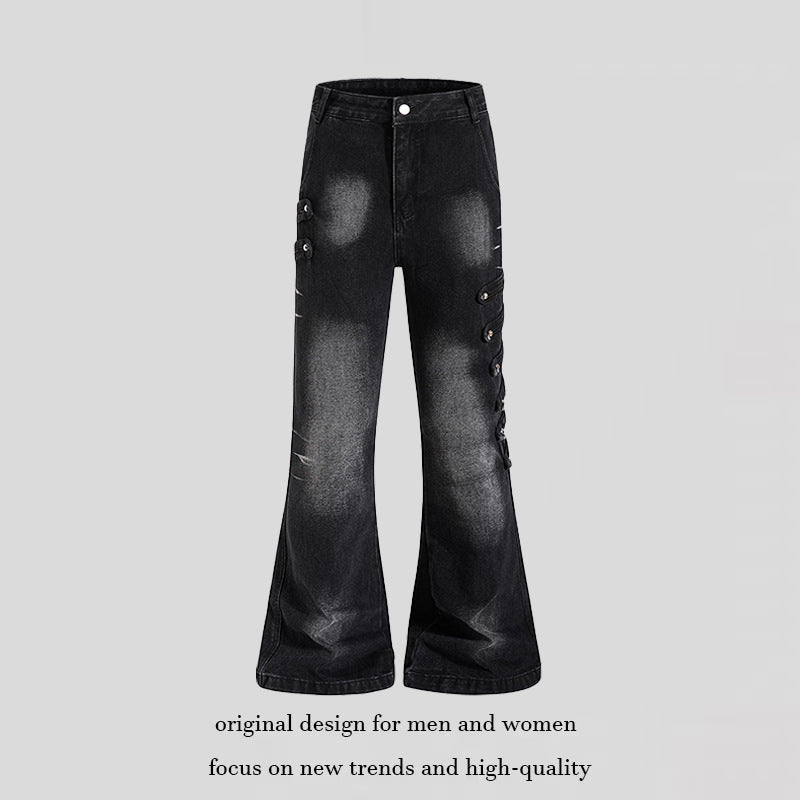 Ladies Wide Jeans Pants with Used Effect and Side Decorative Button Strips Amarae