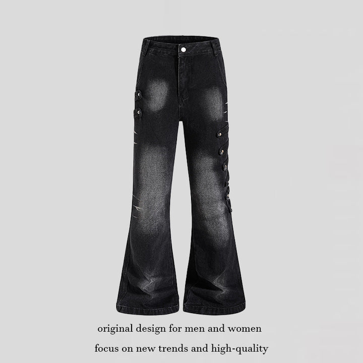 Ladies Wide Jeans Pants with Used Effect and Side Decorative Button Strips Amarae