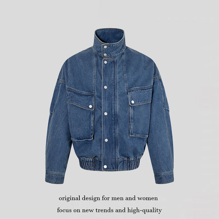 Women's Oversized Denim Jacket with Stand-up Collar, Press Stud Placket and Patch Cargo Pockets Amarae
