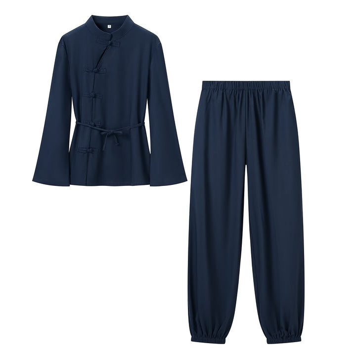 Women Two-Piece Relax Set in Tang Style with Stand-Up Collar, Knot Closures, and Elastic Leg Openings Amarae