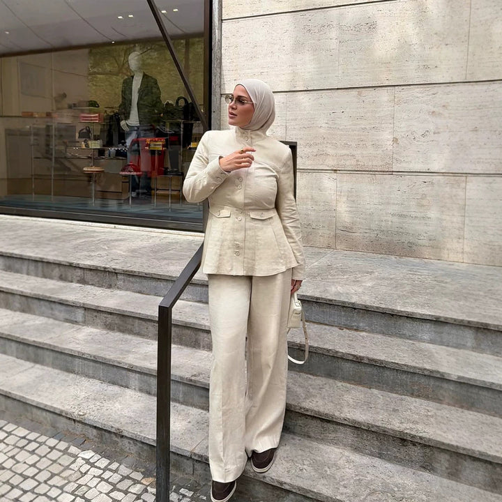 Women Tailored Linen Blazer with Stand Collar and Flouncing Peplum Amarae
