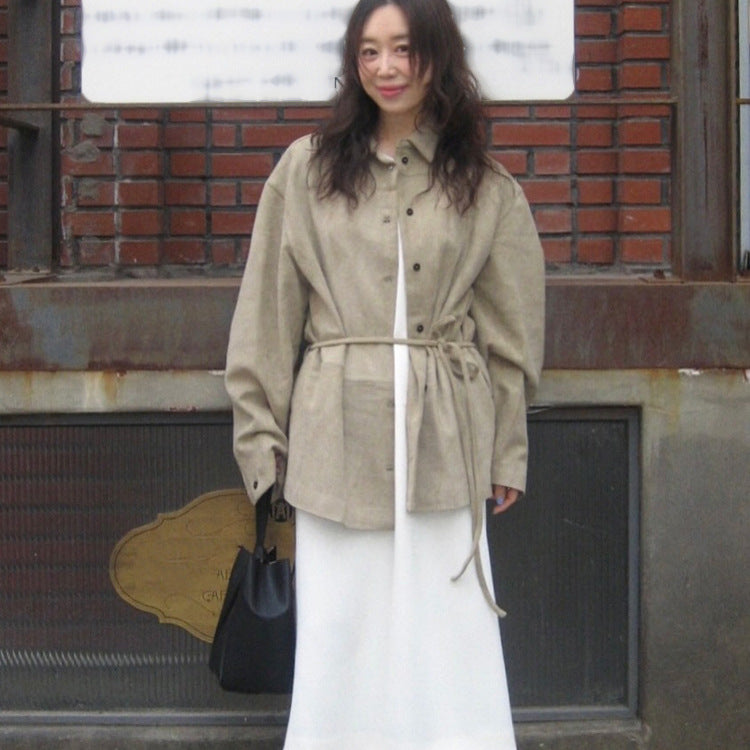 Ladies Oversized Suede-Look Utility Jacket with Drawstring Waist