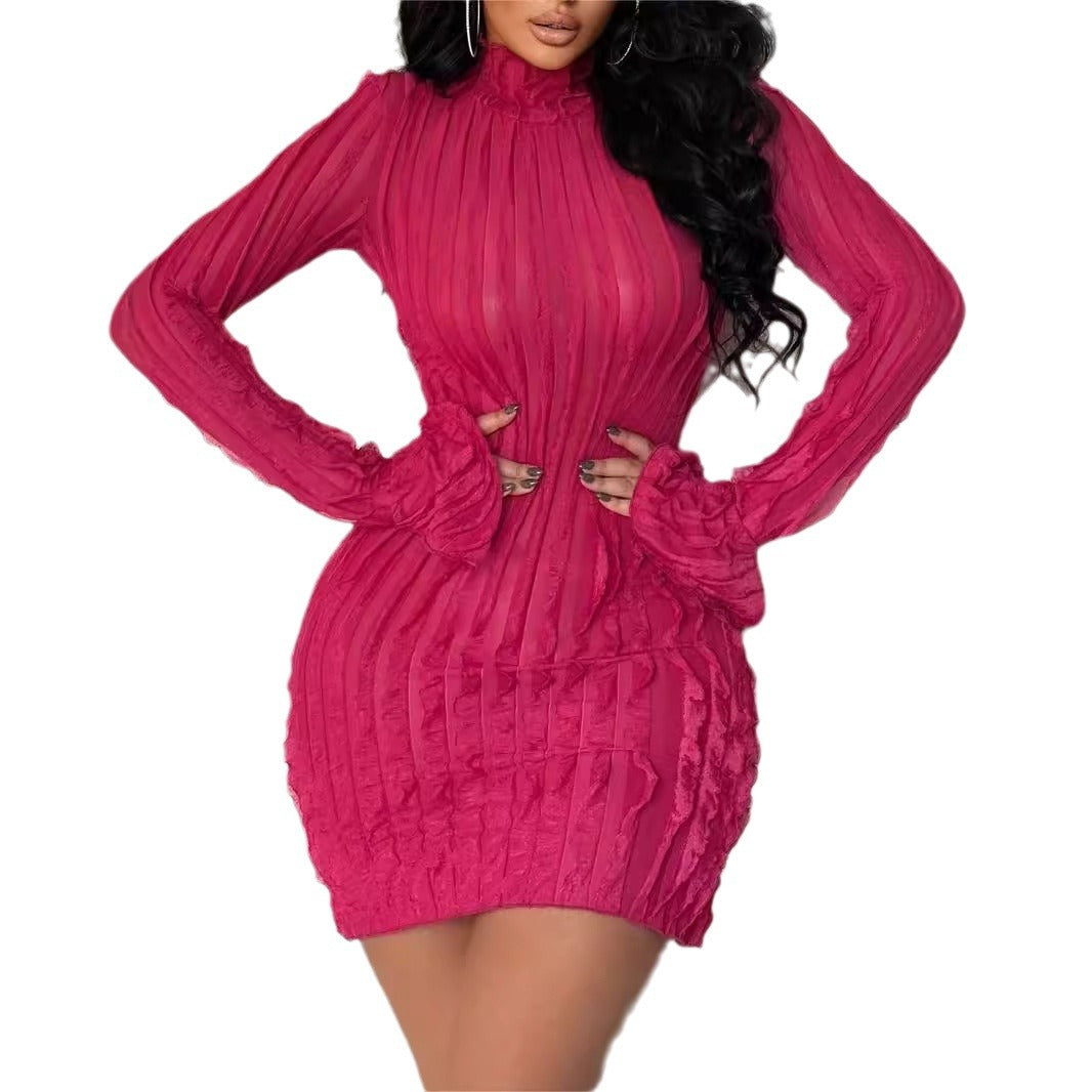 Long sleeve fitted dress with high collar for women Lune London