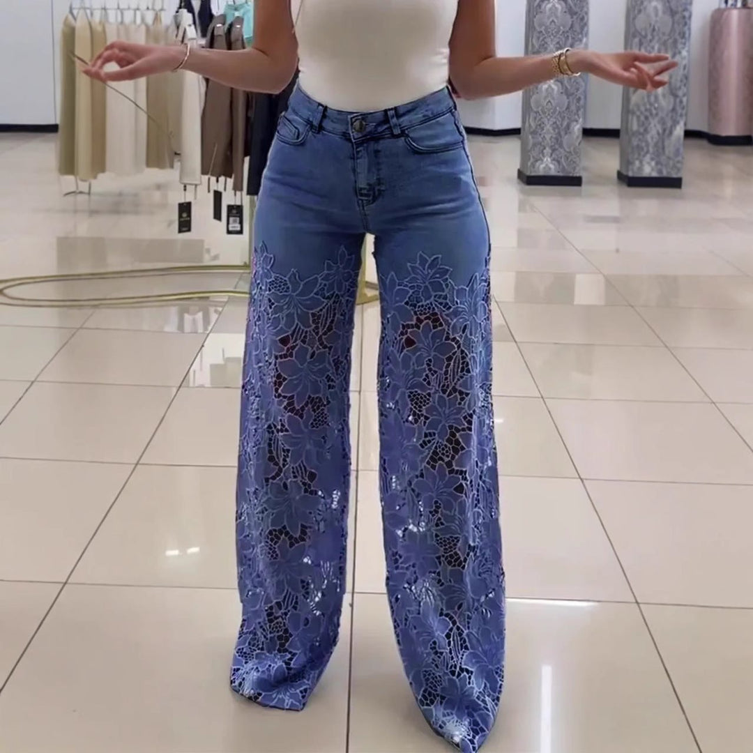 Wide Palazzo jeans for women with floral lace pattern Lune London