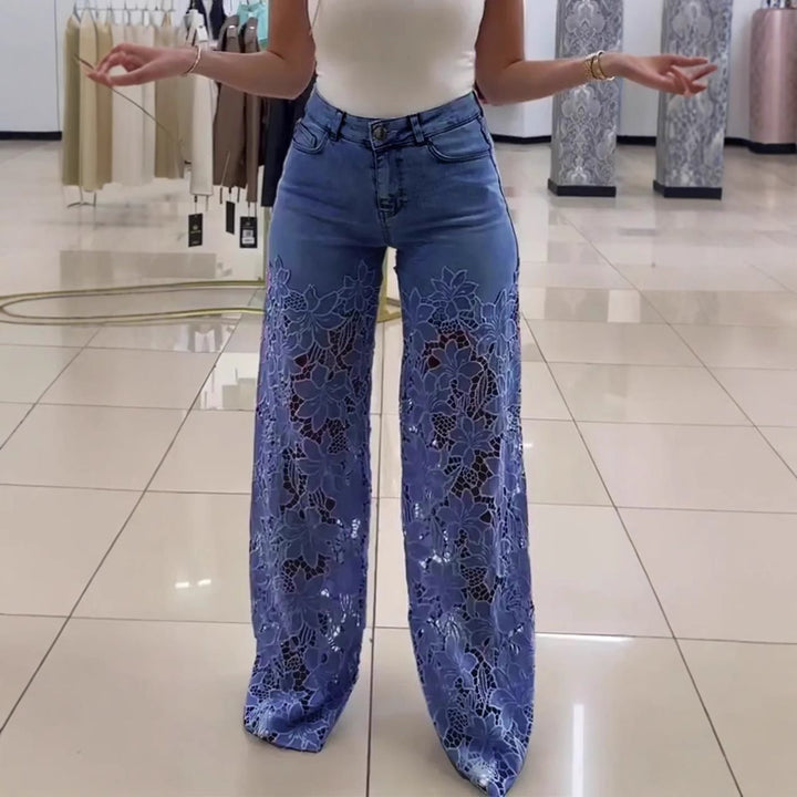 Wide Palazzo jeans for women with floral lace pattern Lune London
