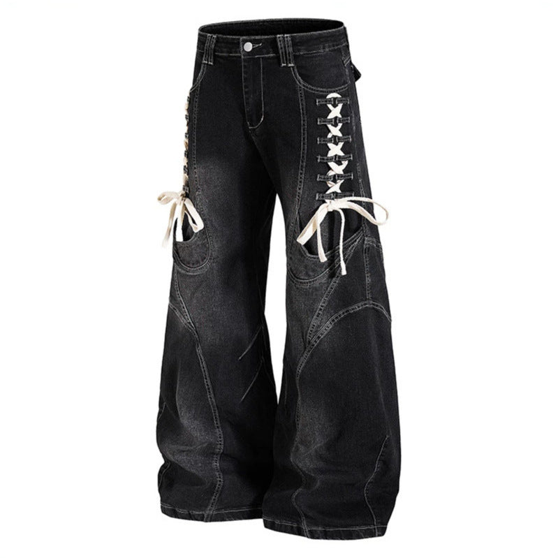 Women's wide high-waisted denim culotte with side lacing and cargo pockets Amarae