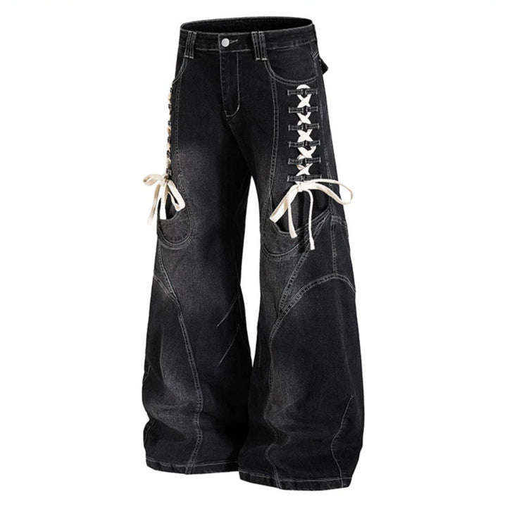 Women's wide high-waisted denim culotte with side lacing and cargo pockets Amarae