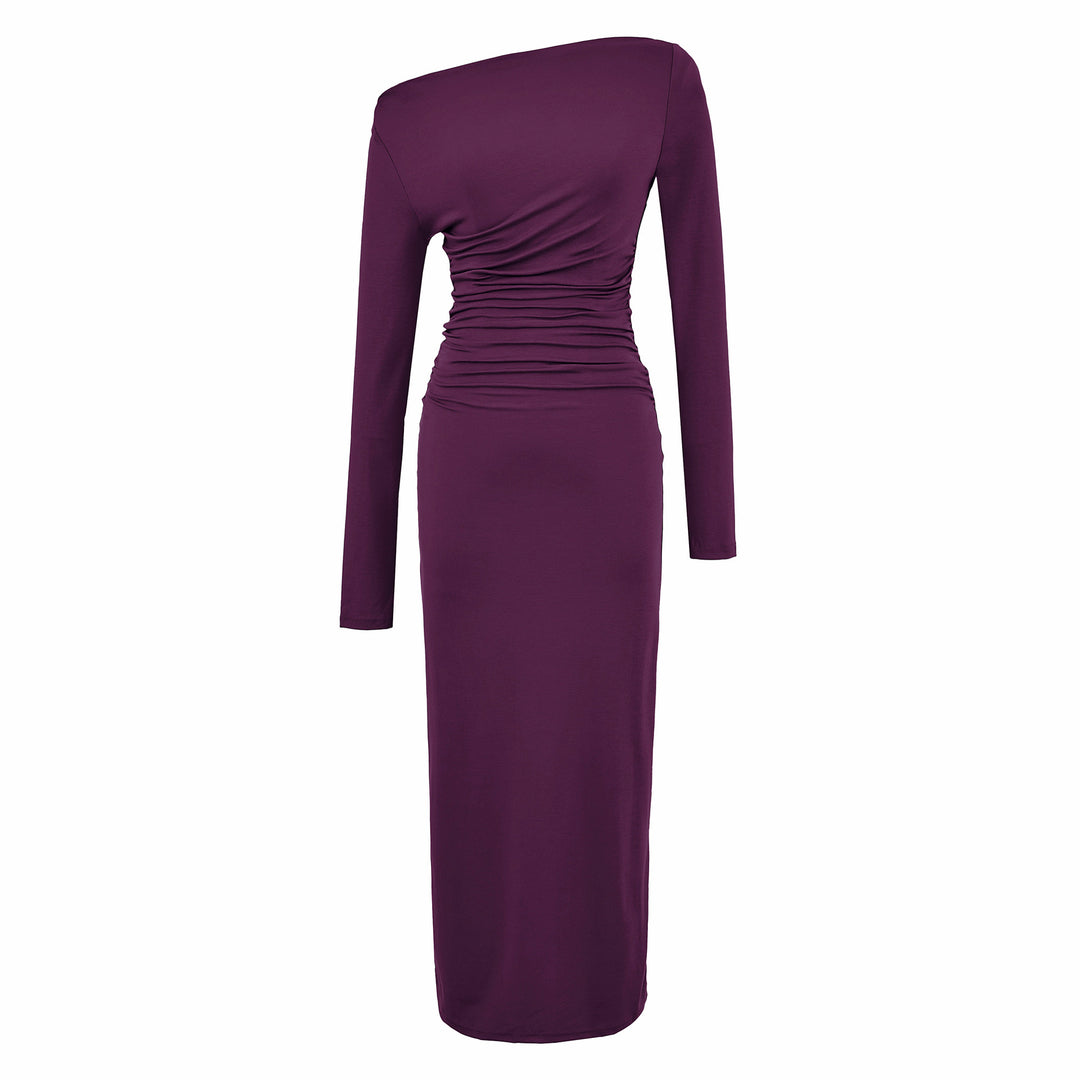 Women One-Shoulder Midi Dress with Long Sleeve and Side Gathering Amarae