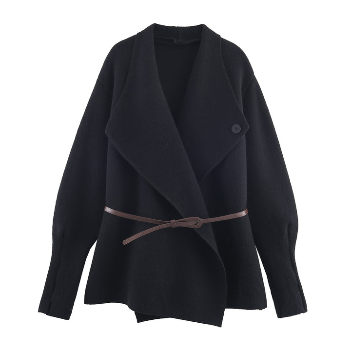 Women's Short Cut Wool Blend Cardigan Coat with Wide Shawl Collar and Narrow Tie Belt Amarae
