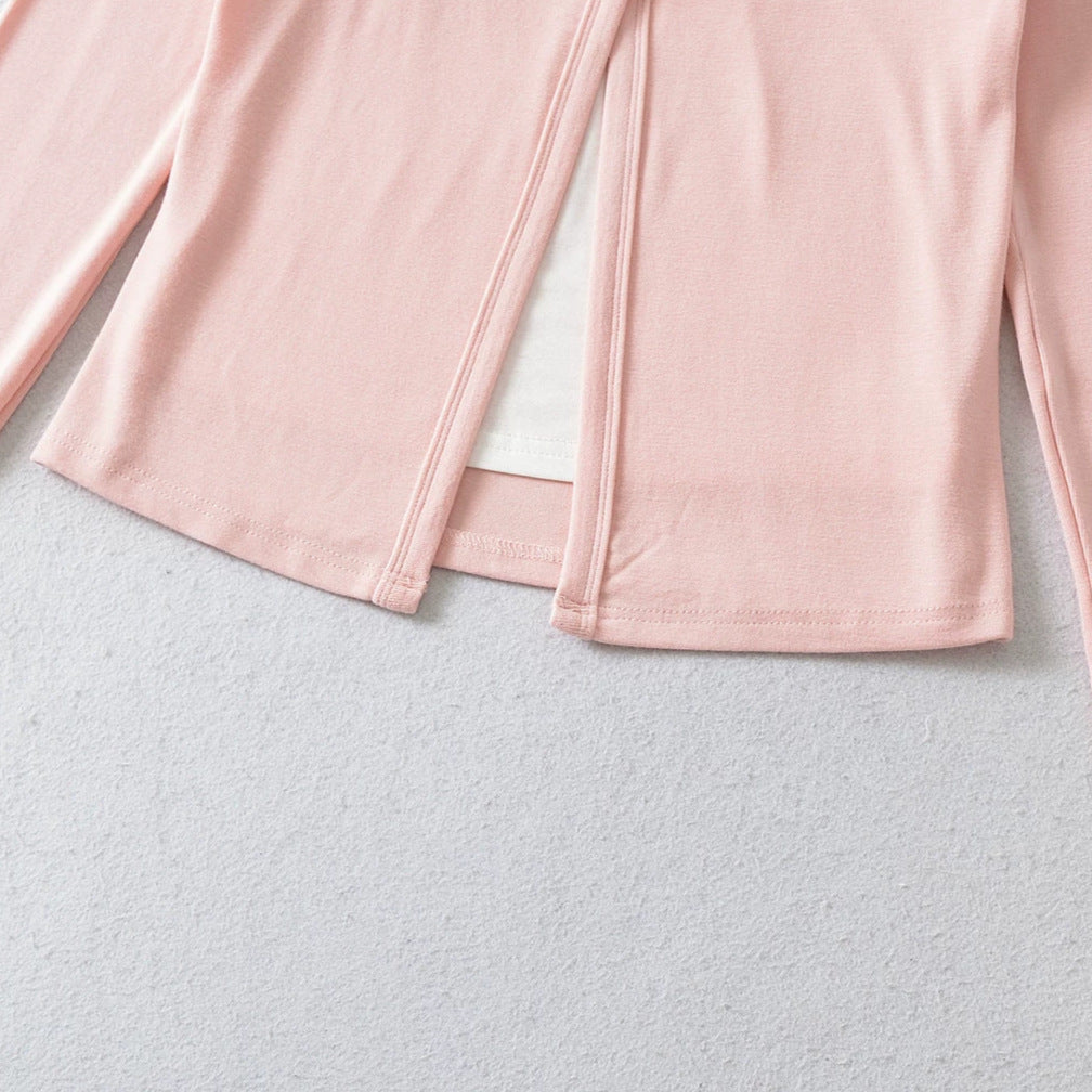 Women's layered cardigan with integrated lace cami and single-button closure Amarae