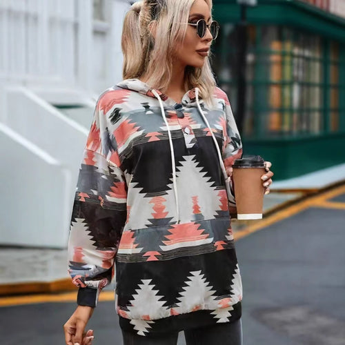 Hooded sweatshirt for women with a creative color pattern and practical buttons Amarae