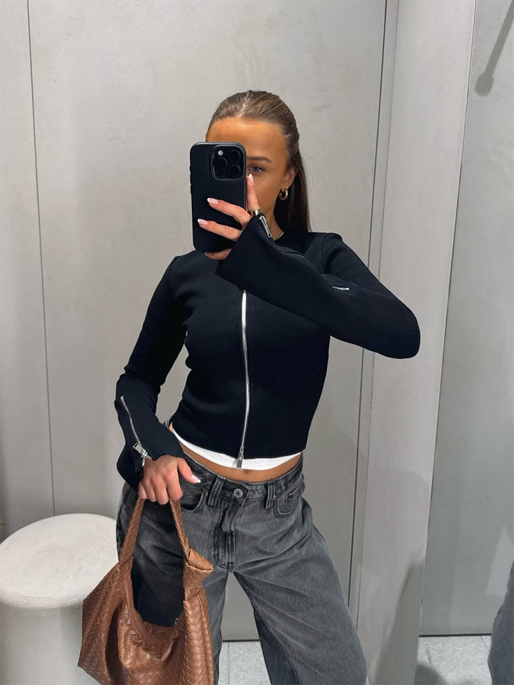 Ladies Tailored Cropped Cardigan with Full Metal Zipper and Extended Cuff Zippers Amarae