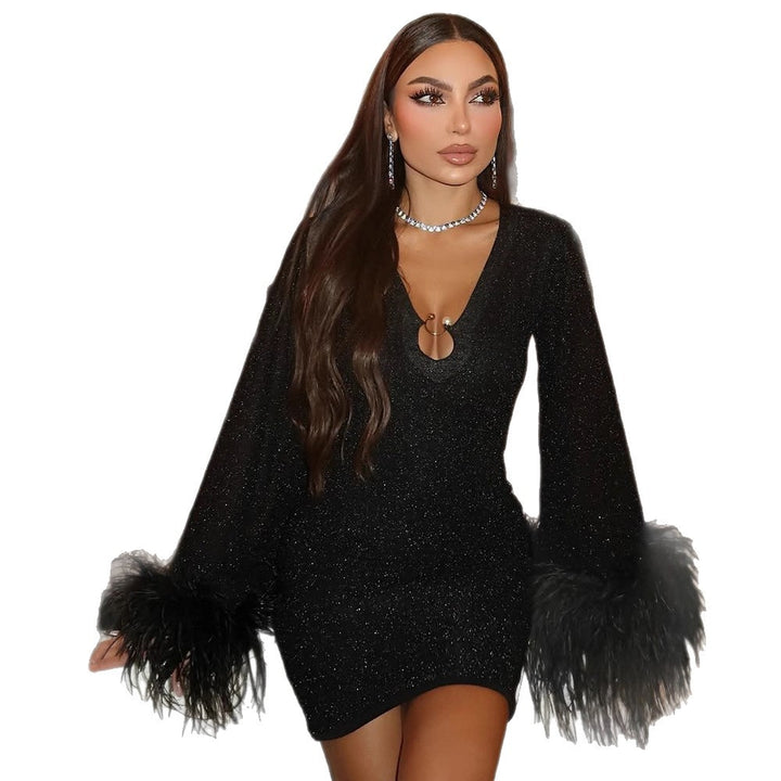 Women Glittering Mini Party and Cocktail Dress with V-Neck, Long Sleeves and Feather Cuffs Amarae