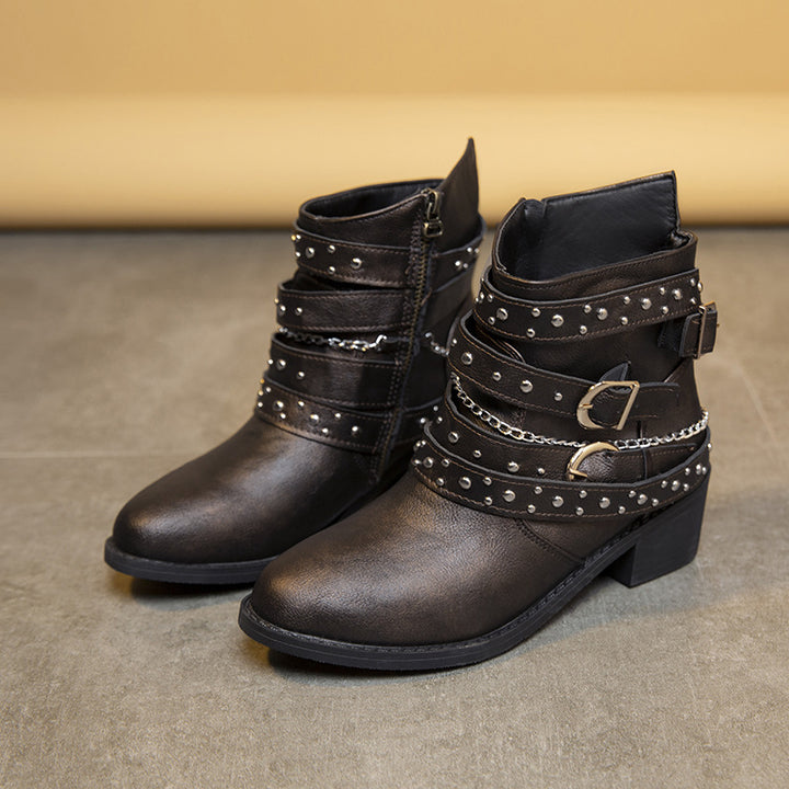 Ankle boots for women with trendy buckles and decorative studs Lune London