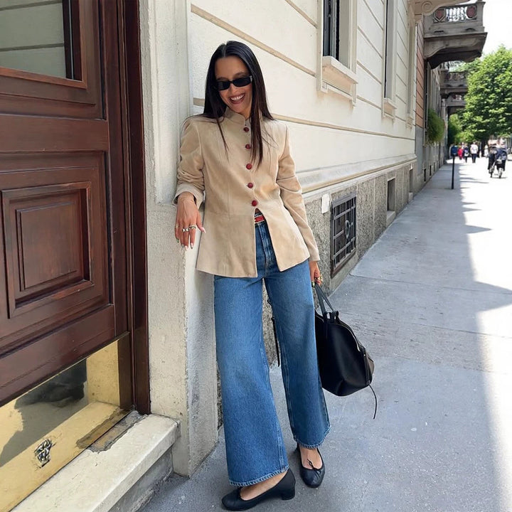 Women's Tailored Suede Blazer with Stand Collar and Decorative Buttons Amarae