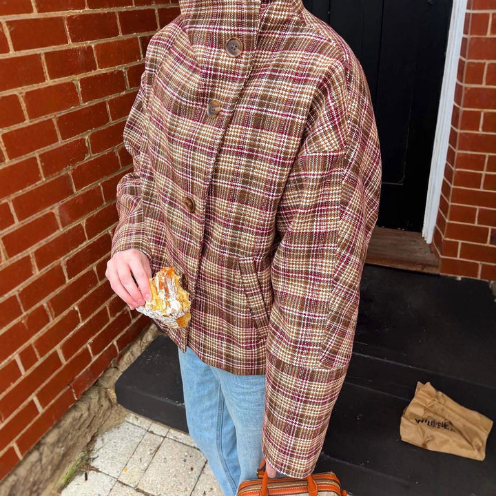 Ladies Oversized Checked Jacket with High Collar and Single Button Placket Lune London