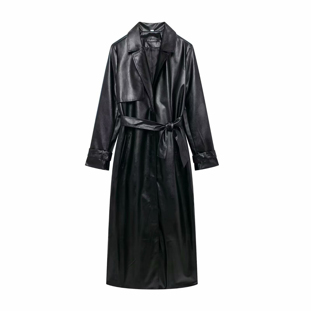 Synthetic leather trench coat for women with elegant cut and adjustable belt Lune London