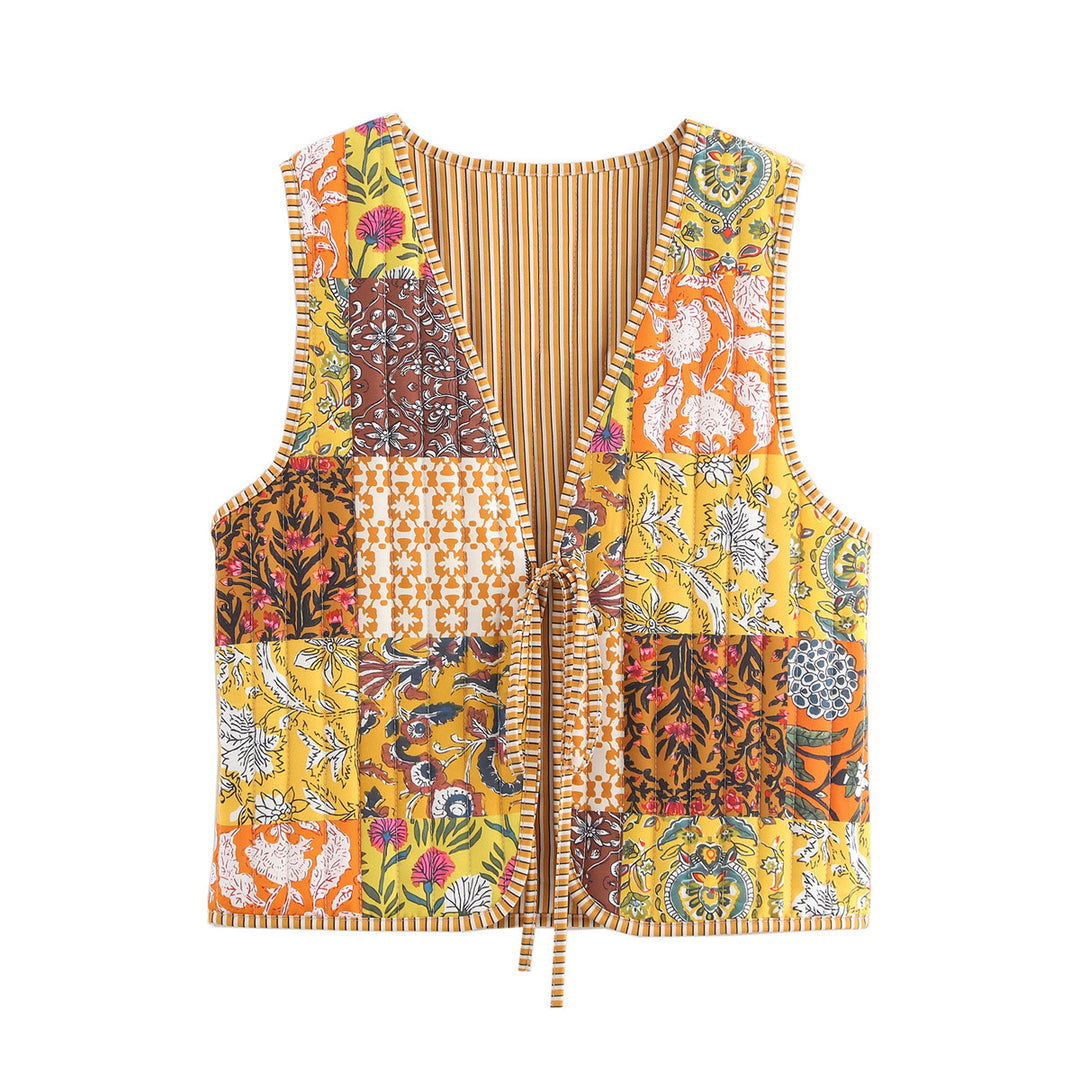 Women Patchwork Vest with V-Neck, Tie Band and Striped Lining Amarae