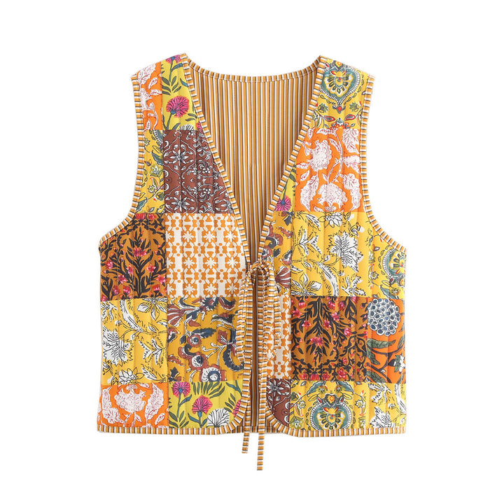 Women Patchwork Vest with V-Neck, Tie Band and Striped Lining Amarae