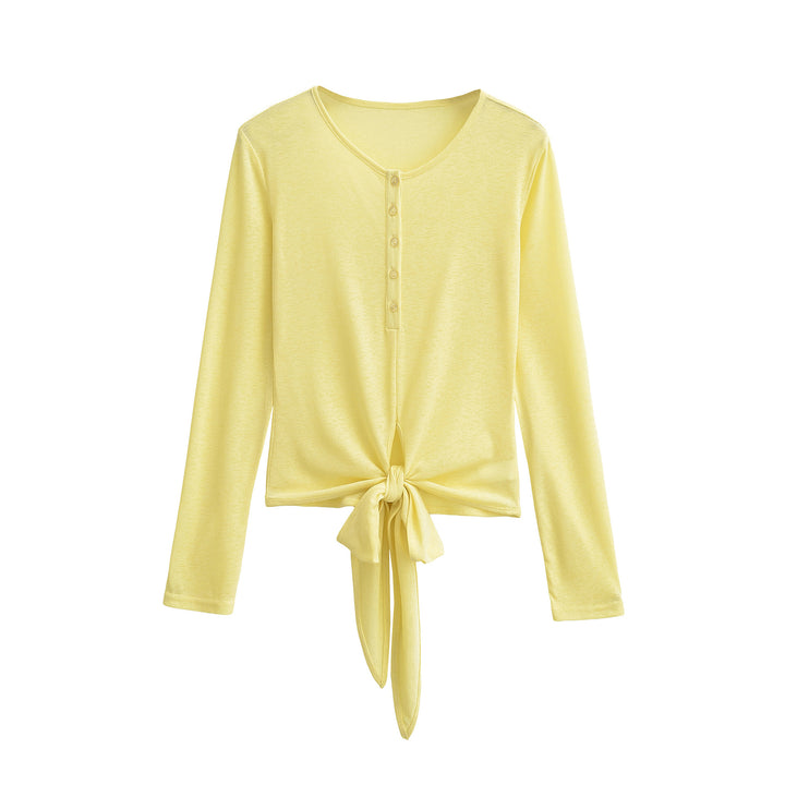 Women’s Long Sleeve Henley Top with Knot Front and Button Placket Amarae