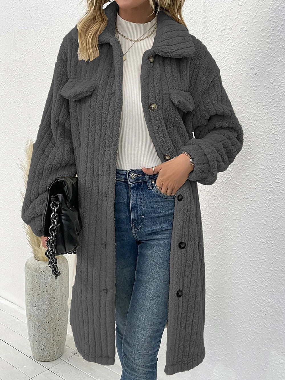 Ladies long soft coat with textured design and patch pockets Lune London