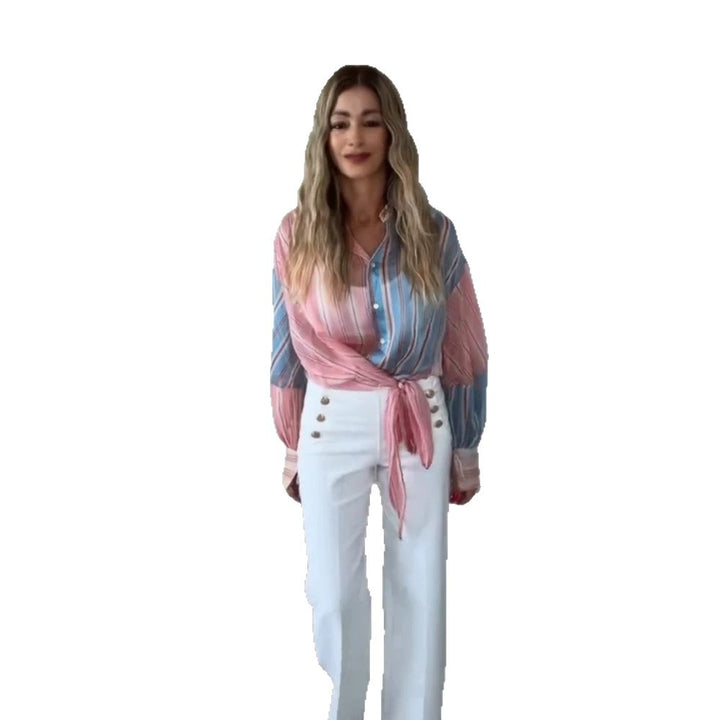 Women Lightweight Striped Shirt Blouse with Knot Front, Oversized Cut & Balloon Sleeves Amarae