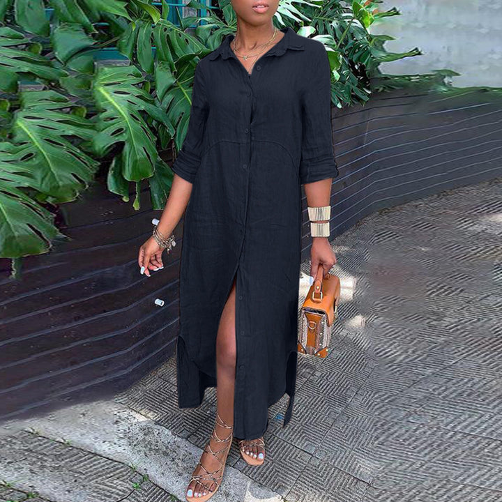 Women's button-up shirt dress with a continuous button placket, side slits, and 3/4 sleeves Amarae