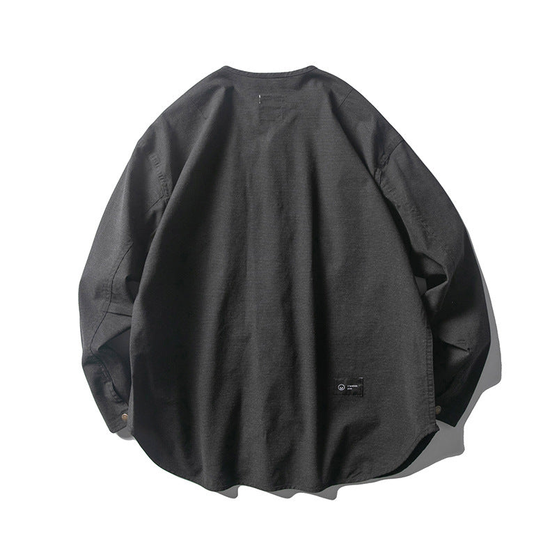 Unisex Collarless Overshirt Jacket with Snap Button Placket and Patch Chest Pockets Amarae
