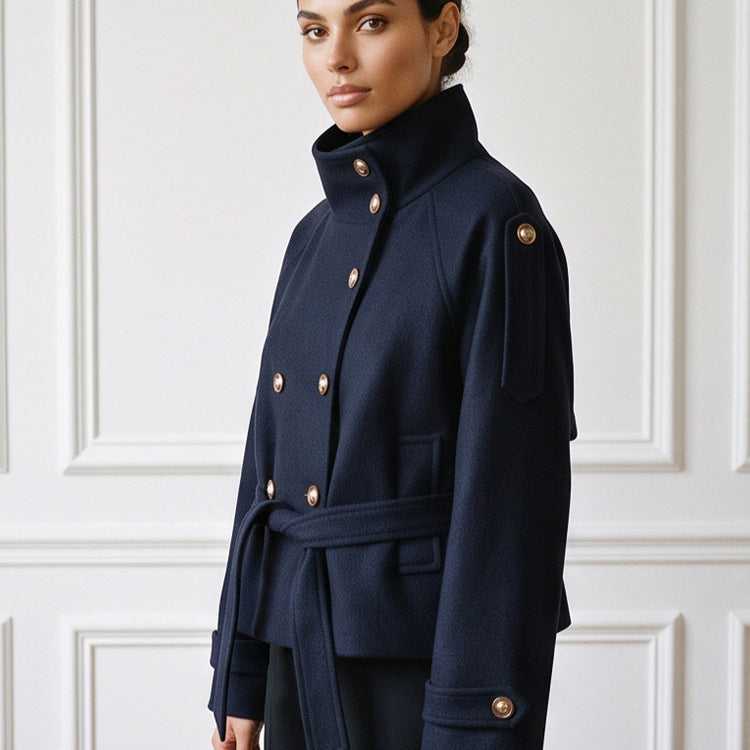 Women Short Double-Breasted Coat with Stand Collar and Tied Belt Amarae